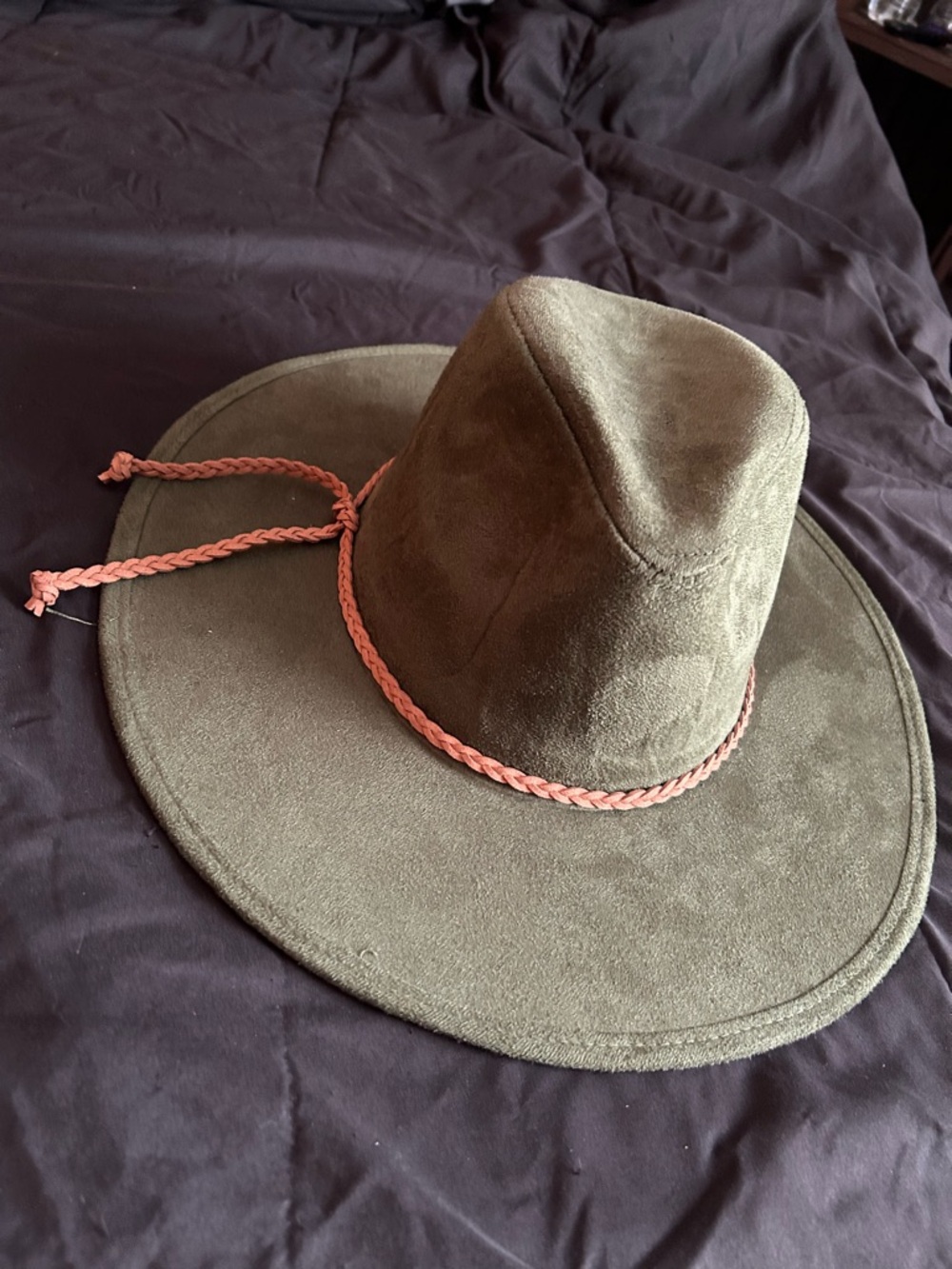 Olive Wide-Brim Felt Fedora with brown Braided Bando